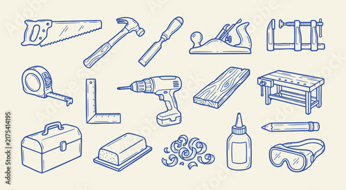 Set of handdrawn woodworking tools and equipment, including hammer, saw, drill, workbench, and safety gear, doodle style illustration