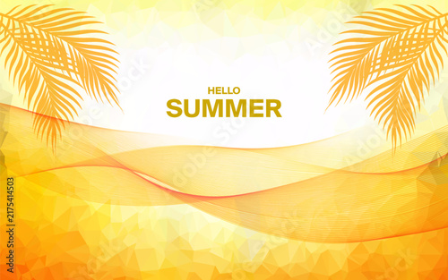Yellow summer tropical background with tropical palm leaves. Minimal summer creative flat design.