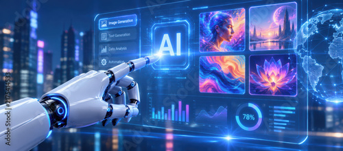 AI generates dynamic art through an interactive platform, displaying AI-generated images in a smart gallery using generative engines and automated design tools. Artificial intelligence spline