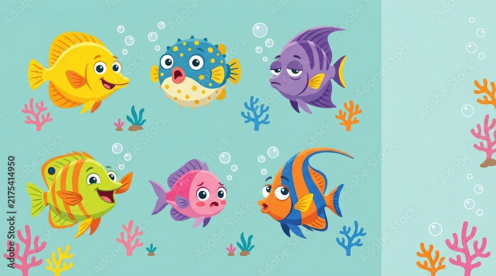 Fototapeta premium Cute exotic fish character collection with different expressions including happy, surprised, sleepy, excited, shy and curious, varied tropical fish