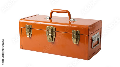 Closed orange metal tool box with metal latches and handle isolated on transparent background
