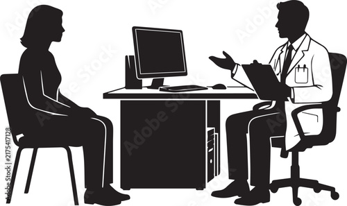 Doctor consulting female patient in office silhouette graphic illustration about healthcare communication.