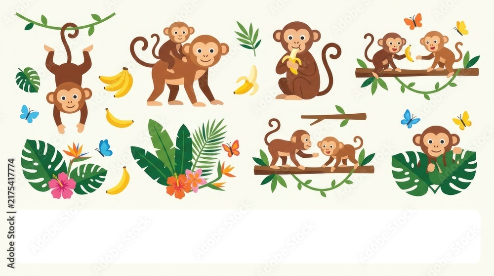 Obraz premium Cute tropical monkey clipart set with baby monkeys, bananas, vines, monstera leaves, palm leaves, tropical flowers, butterflies and simple jungle bran