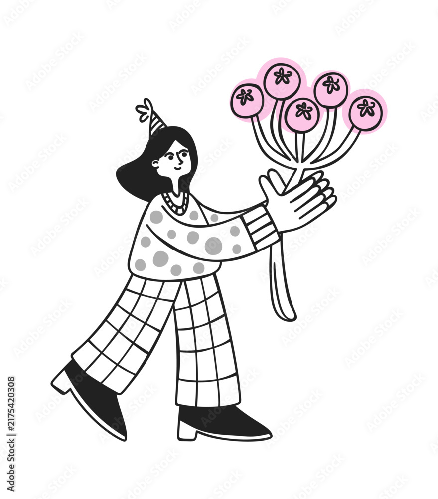 Naklejka premium Woman Carrying Bouquet Holiday Cartoon