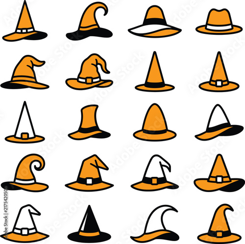 Orange and black witch hat icons set for Halloween