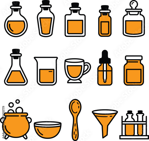 Essential Oil Alchemy Laboratory Glassware and Flask Line Icons
