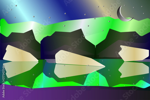 Northern Lights Over Arctic Lake with Icebergs and Mountain Landscape