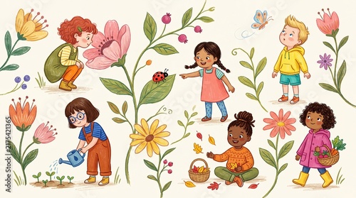 Children Exploring a Garden with Crayon Illustration