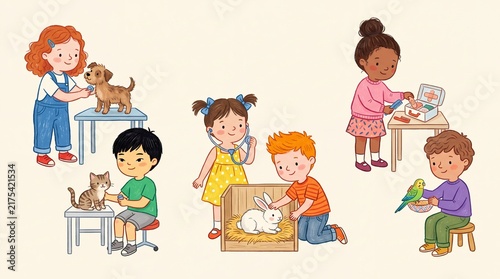 Children Caring for Animals in Veterinary Role Play Crayon Illustration