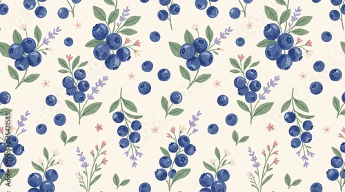 Blueberry and Wildflower Seamless Pattern with Hand Drawn Crayon Illustration