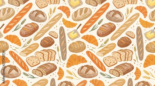 Artisan Bakery Bread and Pastry Seamless Pattern Crayon Illustration