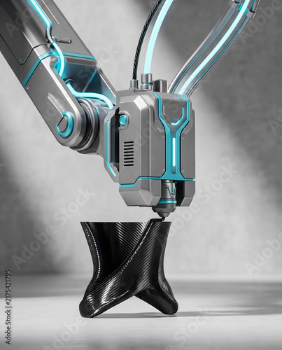 Robotic arm 3D printing carbon fiber object in high-tech manufacturing environment