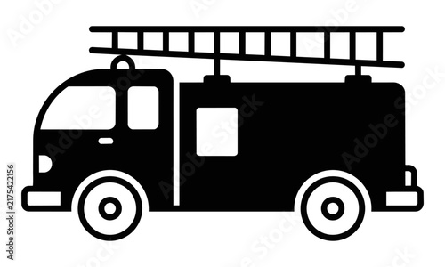 Minimalist black fire truck icon with simplified ladder and wheels in side profile isolated on white, emergency services concept