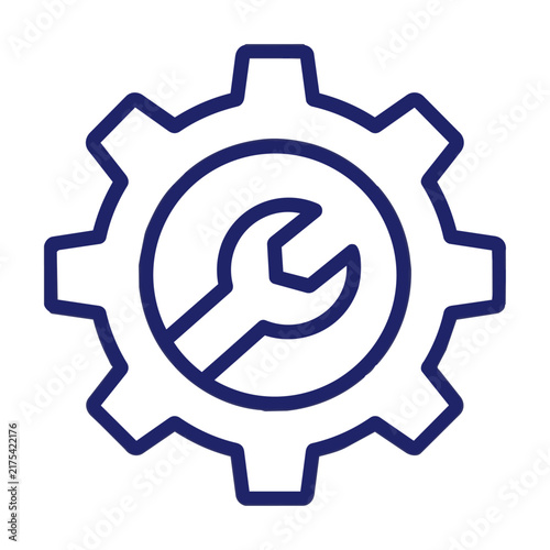 Minimalist cogwheel icon with a centered wrench symbol in flat design isolated on white background mechanical engineering concept