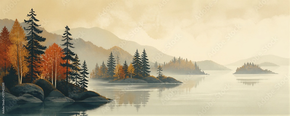 Obraz premium Retro autumn landscape with misty lake and pine trees. Vintage travel poster of mountain forest and island in fall season. Nostalgic nature background for print and wallpaper.
