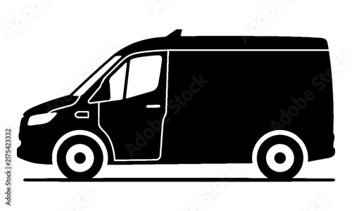 Black silhouette icon of a modern electric cargo delivery van in side profile view isolated on white background. Sustainable logistics concept