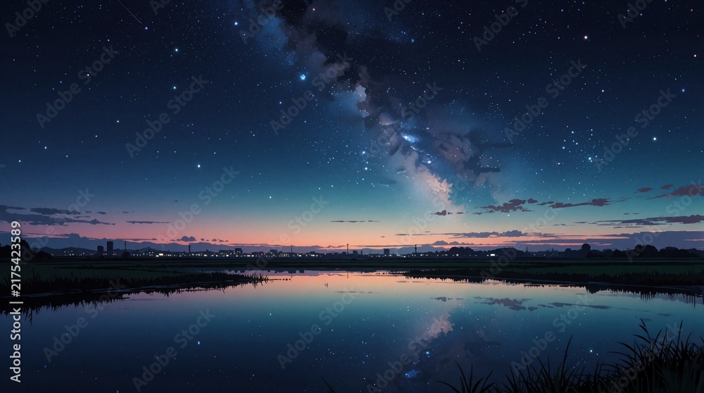 Fototapeta premium Starry night sky over calm rural landscape with water reflection. City lights glow on horizon line. Peaceful evening scene with vast cosmos and tranquil nature.