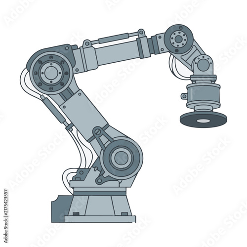 Industrial robotic arm with vacuum suction nozzle in a clean flat design minimalist technology concept