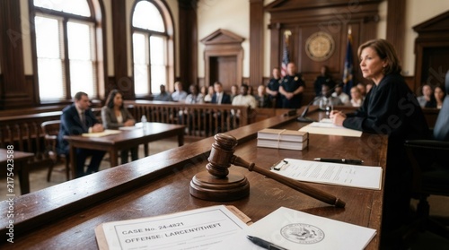 Courtroom Drama Unfolds As Judge Presides Over Trial With Gavel And Documents