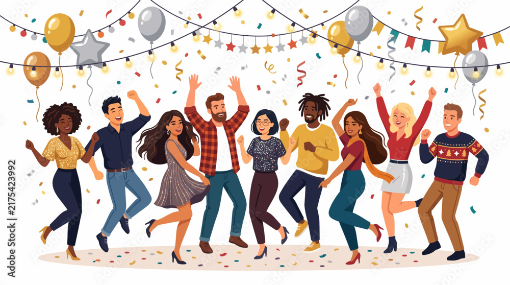 Obraz premium Celebration and Merriment: A diverse group of friends rejoices together amidst a shower of confetti and festive balloons.