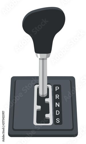 Minimalist flat design automatic car gear shifter with a sleek handle and notched track, isolated on white. Automotive technology concept