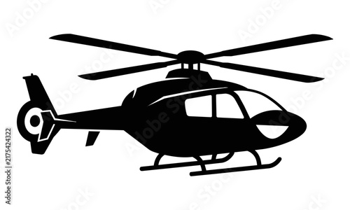 Bold black silhouette of a stylized military helicopter with rotors and streamlined fuselage isolated on a white background military aviation concept