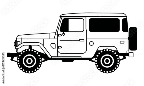 High-contrast black and white boxy vintage off-road SUV in side profile, minimalist vehicle design concept