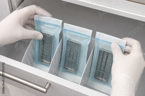 Obraz na płótnie Dental Instrument Sterilization Tight Hands Only Sterile Storage Room Clean Gloved Place Cooled Sealed Cassette