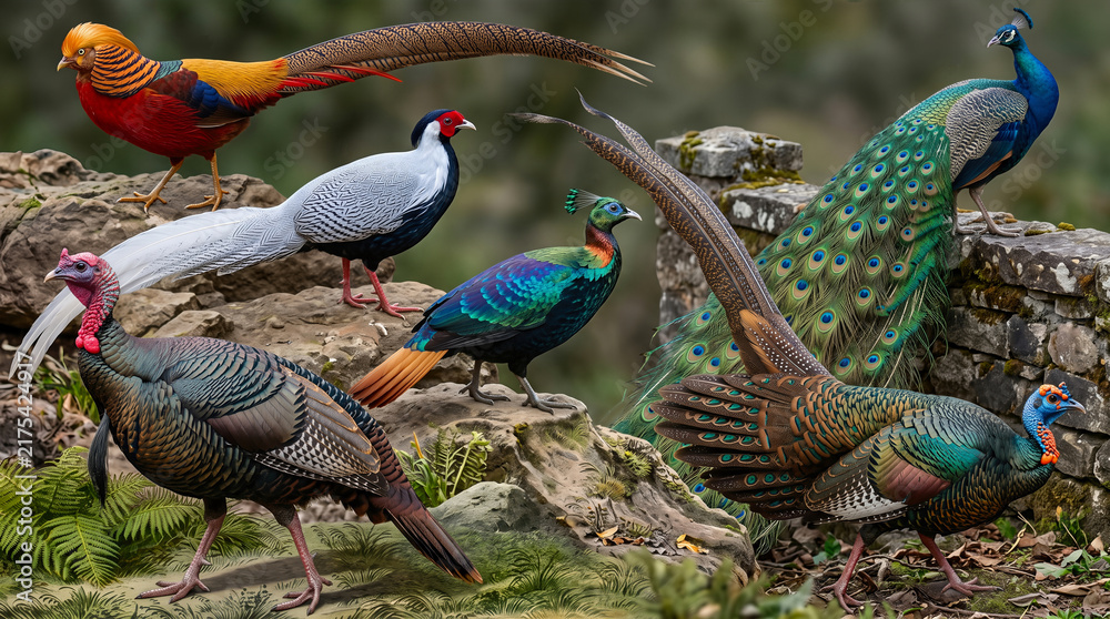 Obraz premium Collage of colorful exotic birds including Golden Pheasant Chrysolophus pictus and Indian Peafowl