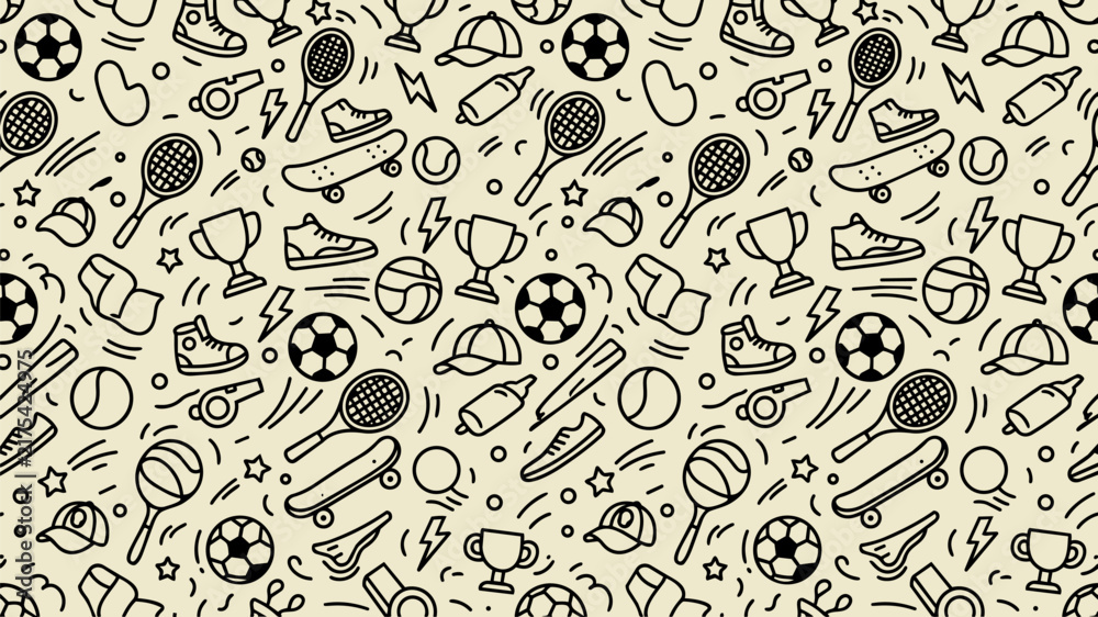 Naklejka premium Seamless Sports Doodle Pattern with Black Hand Drawn Fitness and Active Lifestyle Icons on Beige Background