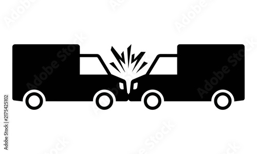 Two delivery vans colliding in a minimalist black silhouette icon with sharp impact lines on a white background, traffic accident concept