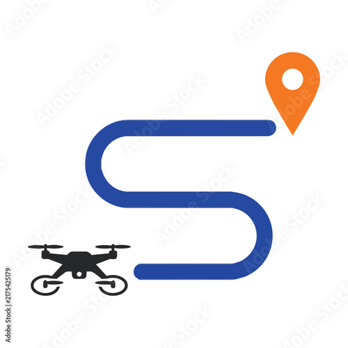 Minimalist drone delivery route icon with a winding path between a quadcopter and a location pin isolated on a white background for logistics concept