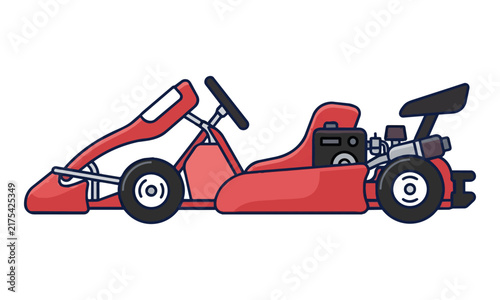 Minimalist side view icon of a racing go-kart with a sleek frame and small wheels isolated on a white background. Motorsport and recreation concept