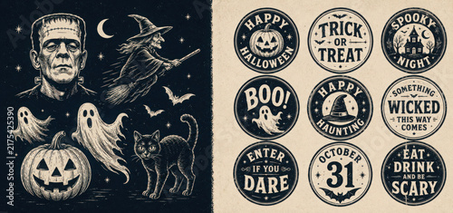 Vintage Halloween logo set. Set of 10 halloween logo templates and 19 design elements for Spooky Party emblems. Prints for t-shirt, typography. Vector illustration