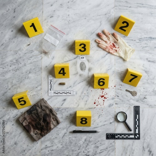 Crime Scene Investigation Evidence Markers And Forensics Tools Displayed