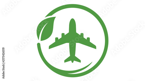 Minimalist green airplane icon encircled by a stylized leaf element representing sustainable aviation travel and carbon neutral air transportation concepts
