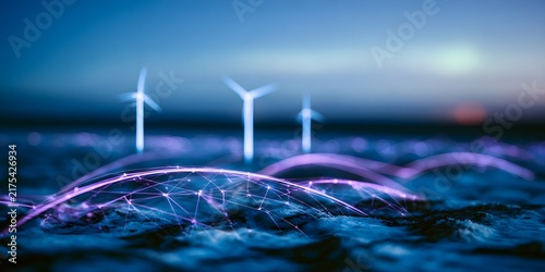 Futuristic wind turbines generating clean electric energy with glowing digital fiber optic network connections across a dark landscape at twilight time