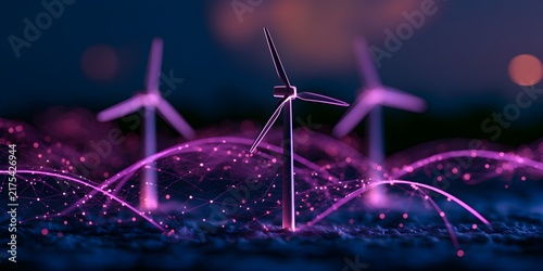 Futuristic wind turbines generate sustainable green energy across a glowing digital landscape with vibrant purple neon lines and dark bokeh backgrounds