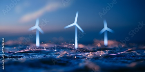 Glowing wind turbines stand tall over a digital landscape featuring intricate neural network connections representing future green sustainable energy technology