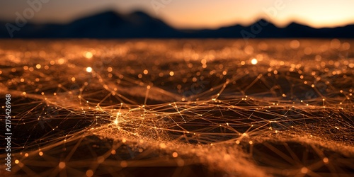 Glowing digital network nodes connect across a vast abstract landscape with warm sunset lighting and soft cinematic depth of field