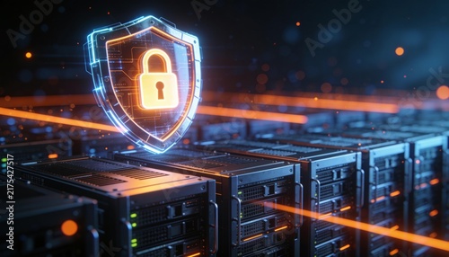 Business cybersecurity and financial data protection concept, internet network security encrypting private user information against digital cyber threats