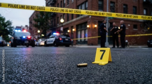 Crime Scene Investigation On City Street With Yellow Police Tape