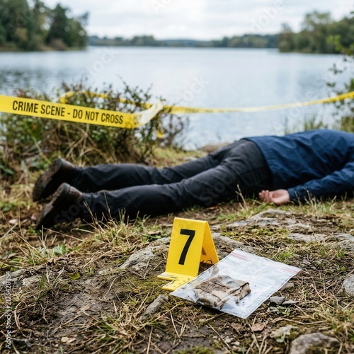 Crime Scene Investigation Outdoors Near Water Body With Evidence Marker