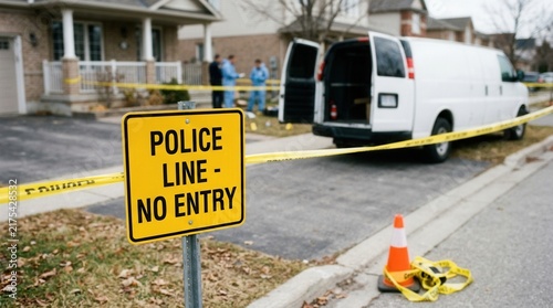 Crime Scene Investigation Police Line No Entry Yellow Sign With Van And Officers At Residential