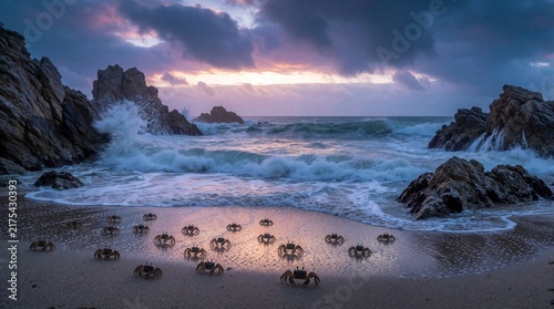 Many crabs move on wet sandy beach near ocean. Big waves crash on rocky shore at twilight. Small sea creatures scuttle away from water on coastline.