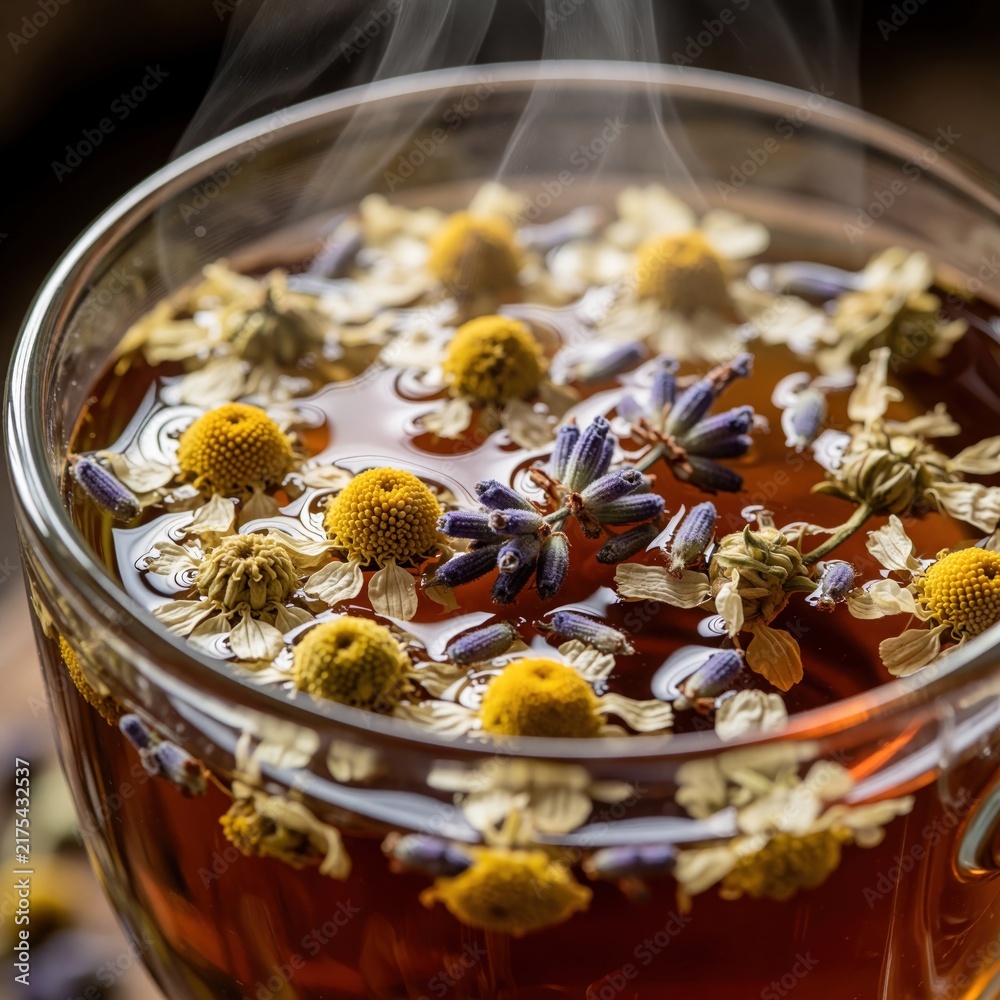 Obraz premium Close up of hot herbal tea with chamomile and lavender flowers floating in cup. Steam rises from beverage. Gentle aroma hints at calming relaxation and wellness properties for peaceful moments.