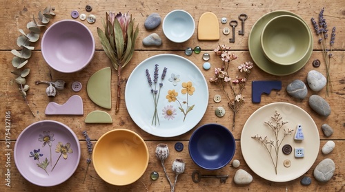 Flat lay arrangement of colorful ceramic bowls, plates, dried flowers, and decorative items on a wooden surface
