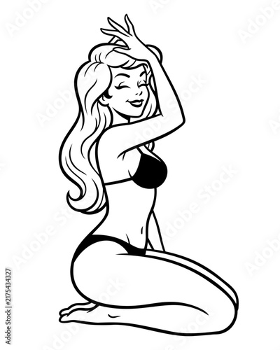 A line art illustration of a retro pin-up girl in a bikini