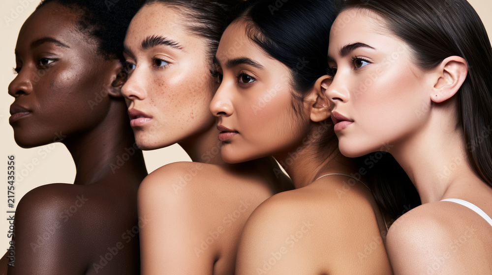 Obraz premium Multi-ethnic female group posing shoulder to shoulder in minimalist lingerie, showing authentic pigmentation and individual physical features, Black woman, South Asian woman, Cauca