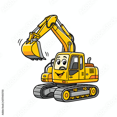 Yellow Cute Excavator Cartoon Character Vector Illustration